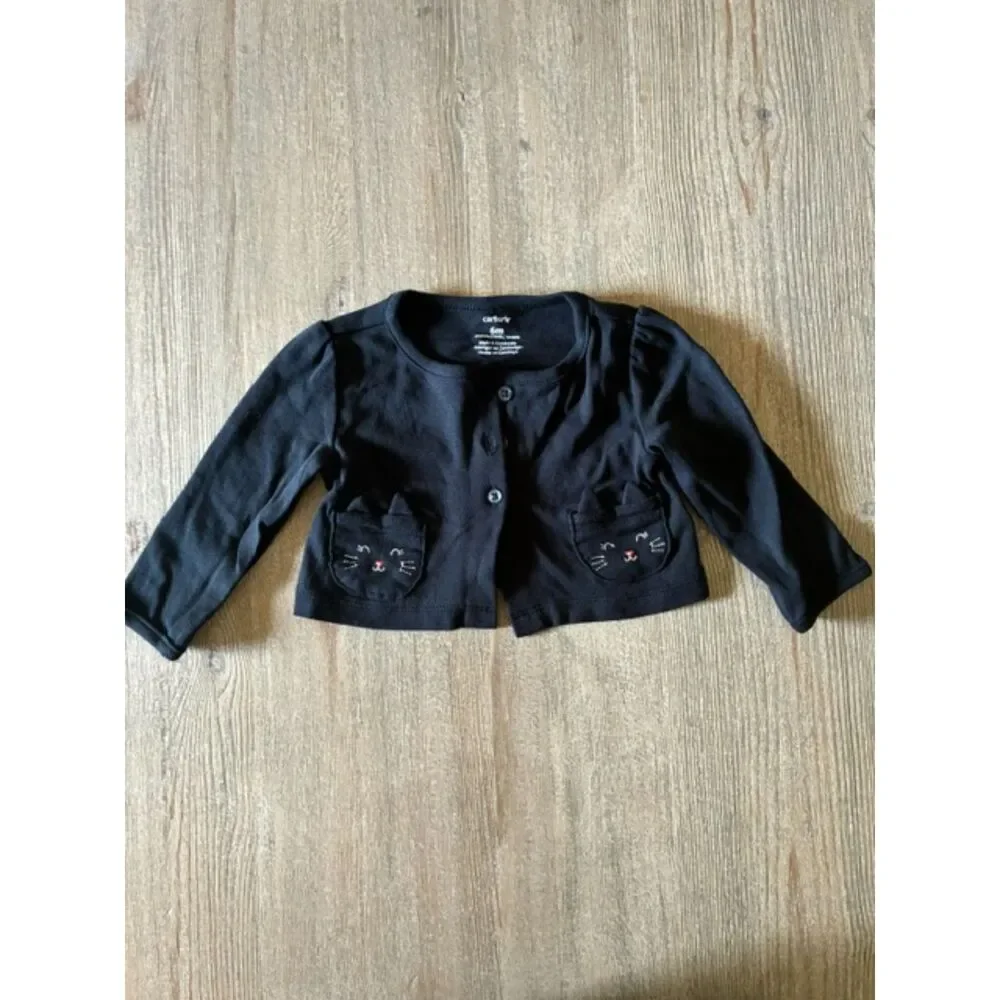 Carter's Black Cat Pocket Cardigan 6 Months EUC